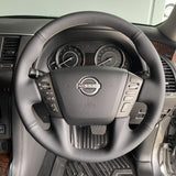 Nissan Patrol Y62 Steering Wheel Wrap – Black Leather (smooth top, perforated sides), Brown stitch
