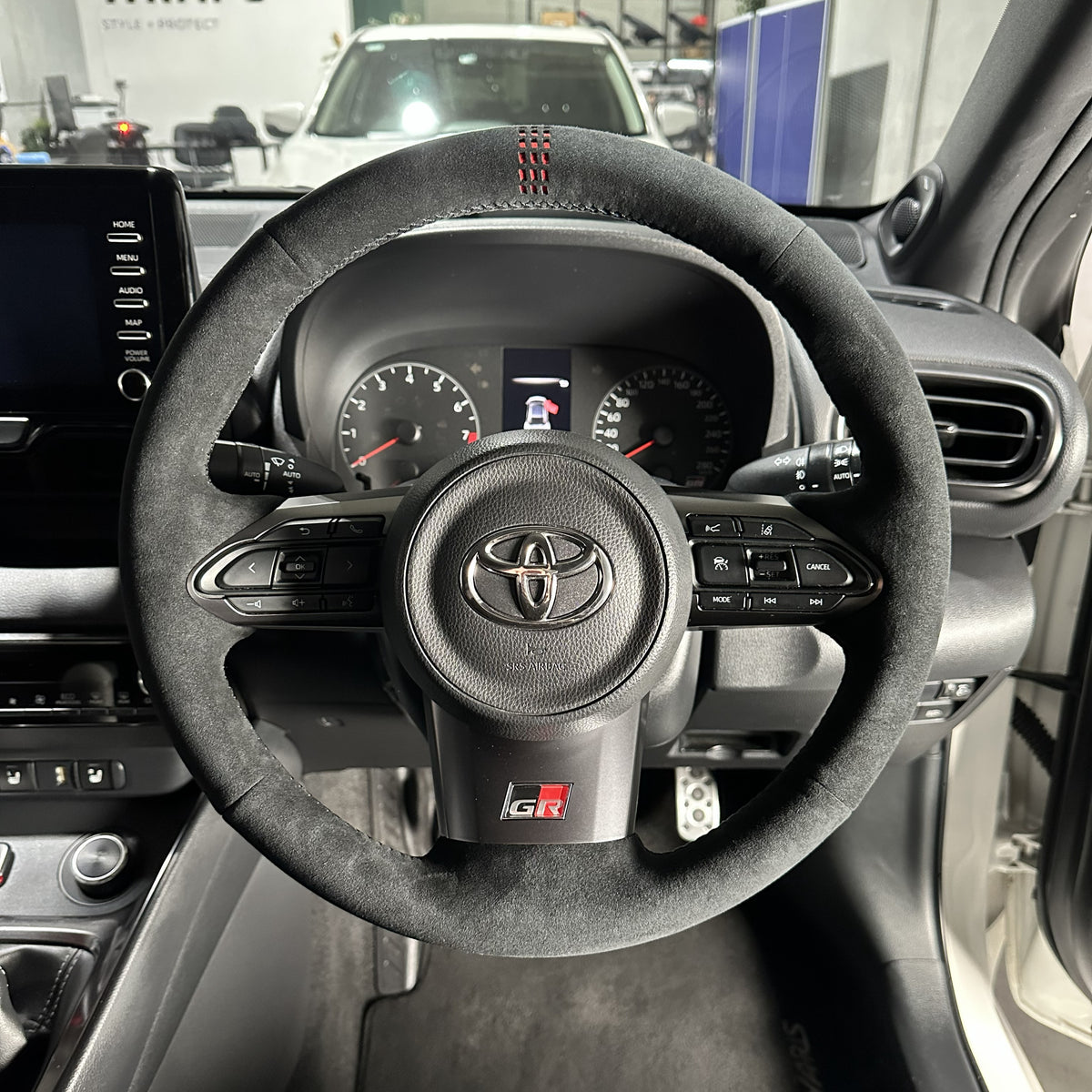 Toyota GR Yaris (2020-2025) Steering Wheel Wrap – Black Alcantara, Black stitch, Red Holo-stripe marker