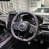 Subaru WRX / STI VB (2022+) Steering Wheel Wrap – Black Leather (smooth top, perforated sides), Wine-red stitch