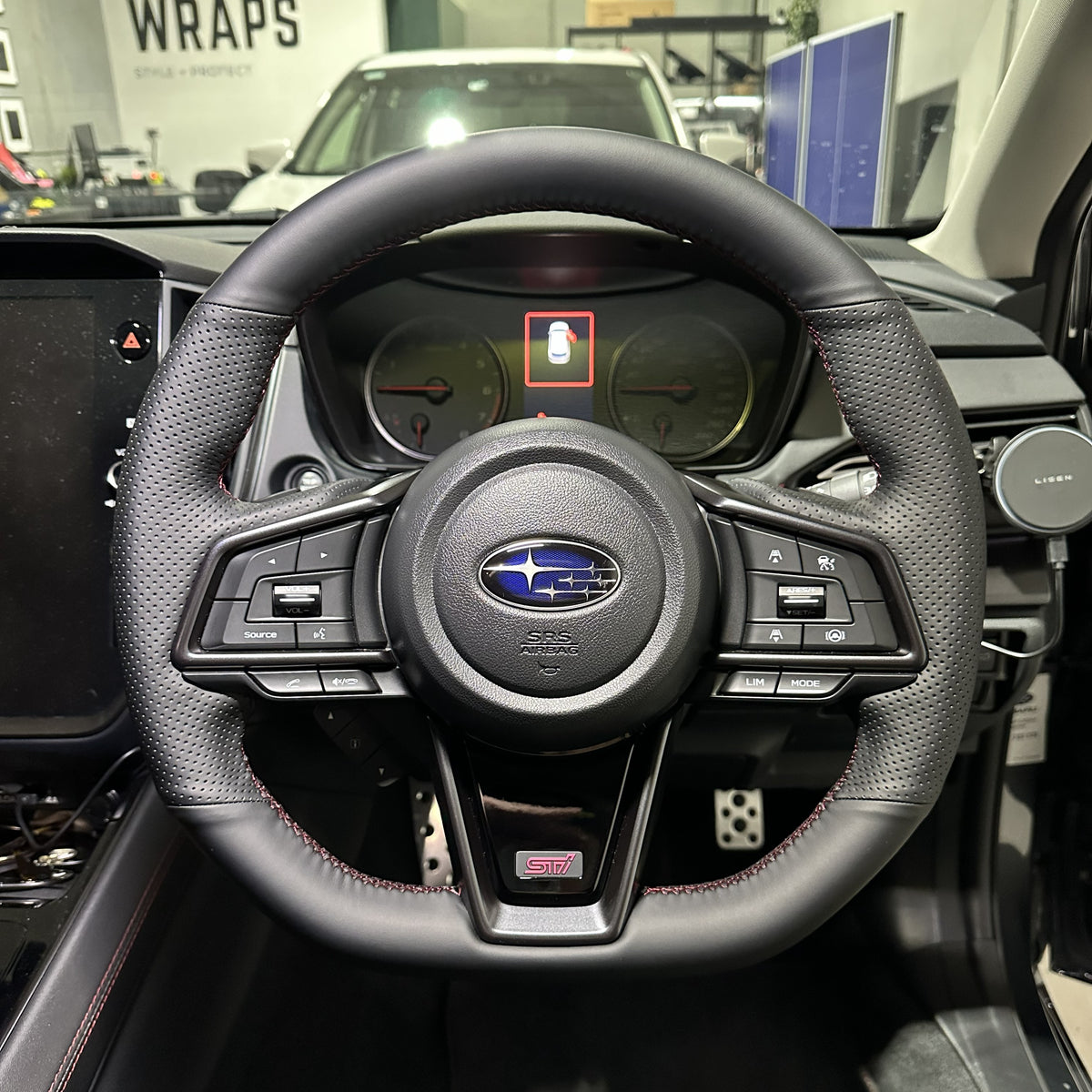 Subaru WRX / STI VB (2022+) Steering Wheel Wrap – Black Leather (smooth top, perforated sides), Wine-red stitch