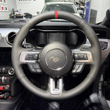 Ford Mustang S550 (2015–2023) Steering Wheel Wrap – Black Leather (smooth top, perforated sides), Black stitch, Red Alcantara® marker