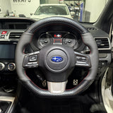 Subaru WRX / STI VA (2015–2021) Steering Wheel Wrap – Gloss Carbon top / Black Perforated Leather sides, Red stitch