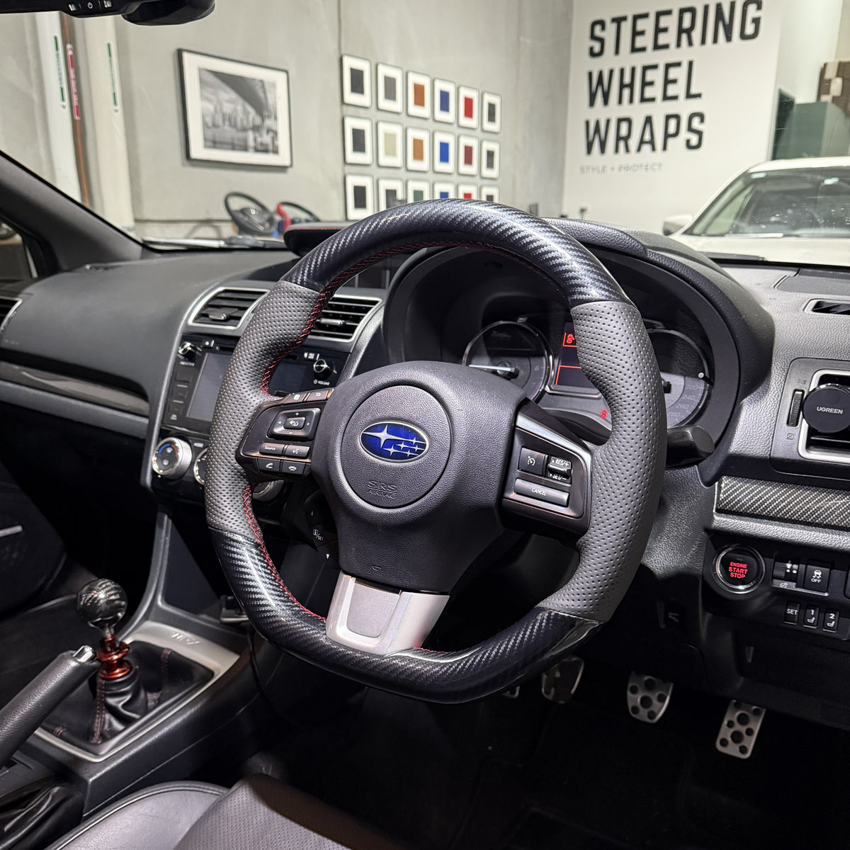 Subaru WRX / STI VA (2015–2021) Steering Wheel Wrap – Gloss Carbon top / Black Perforated Leather sides, Red stitch