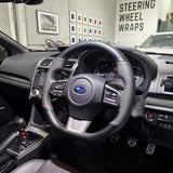 Subaru WRX / STI VA (2015–2021) Steering Wheel Wrap – Gloss Carbon top / Black Perforated Leather sides, Red stitch