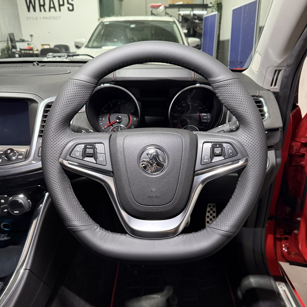 Holden Commodore VF Steering Wheel Wrap – Black Leather top / Perforated sides, Black stitch