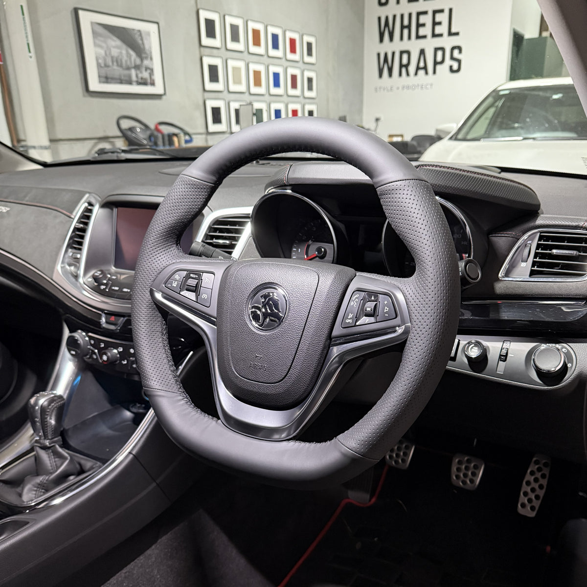 Holden Commodore VF Steering Wheel Wrap – Black Leather top / Perforated sides, Black stitch