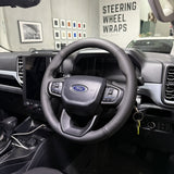 Ford Ranger / Everest Next-Gen (2022+) Steering Wheel Wrap – Black Leather (smooth top, perforated sides), Black stitch