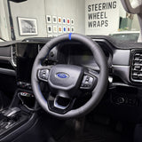 Ford Ranger / Everest Next-Gen (2022+) Steering Wheel Wrap – Black Leather (smooth top, perforated sides), Blue stitch, Blue Alcantara marker