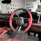 Porsche Cayenne / Macan Steering Wheel Wrap – Dark Grey Alcantara, Wine red leather sides, Wine red stitch, Dark grey Alcantara marker