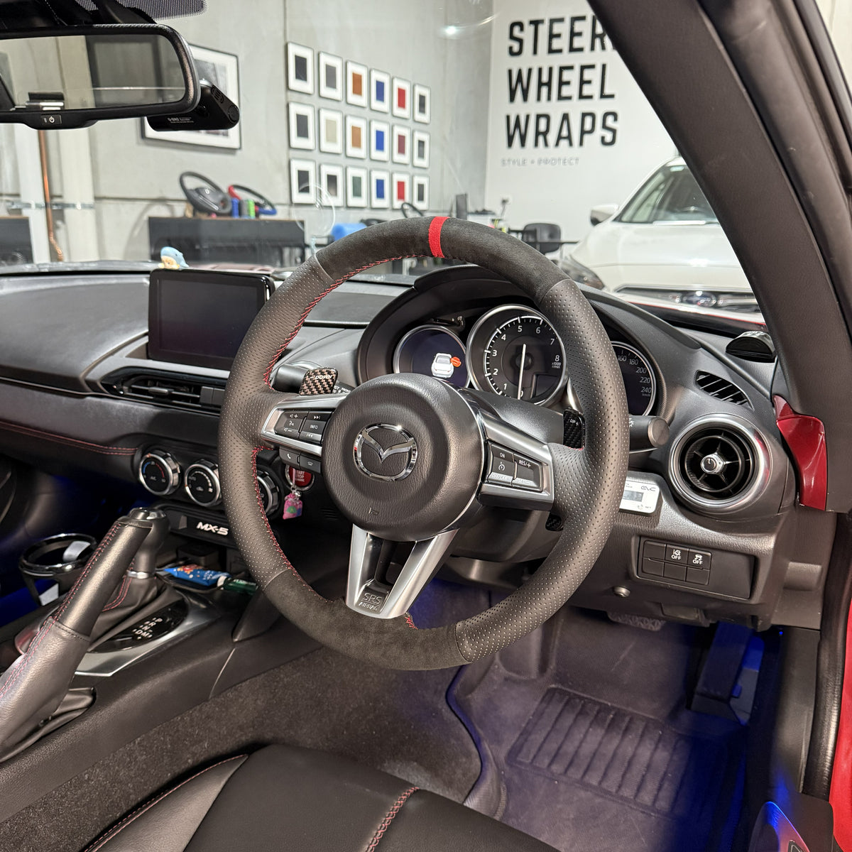 Mazda MX-5 ND (2015+) Steering Wheel Wrap – Black Alcantara, Black Perforated Leather Sides, Red Stitch, Red Alcantara Marker