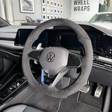 Volkswagen Golf (2022+) Steering Wheel Wrap – Dark grey Alcantara (smooth top, perforated sides), Blue stitch