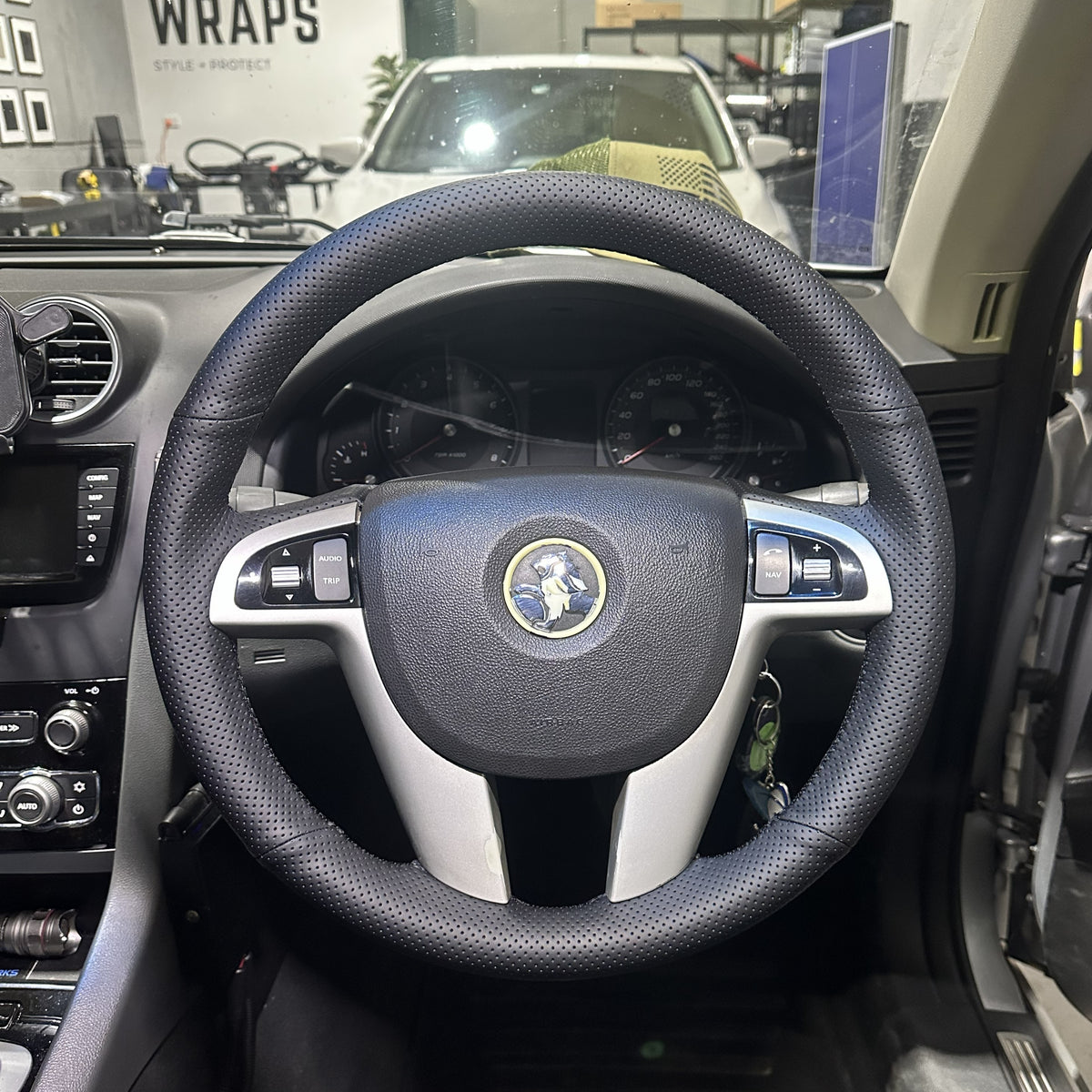 Holden Commodore VE (2006–2013) Steering Wheel Wrap – Black Perforated Leather, Black stitch