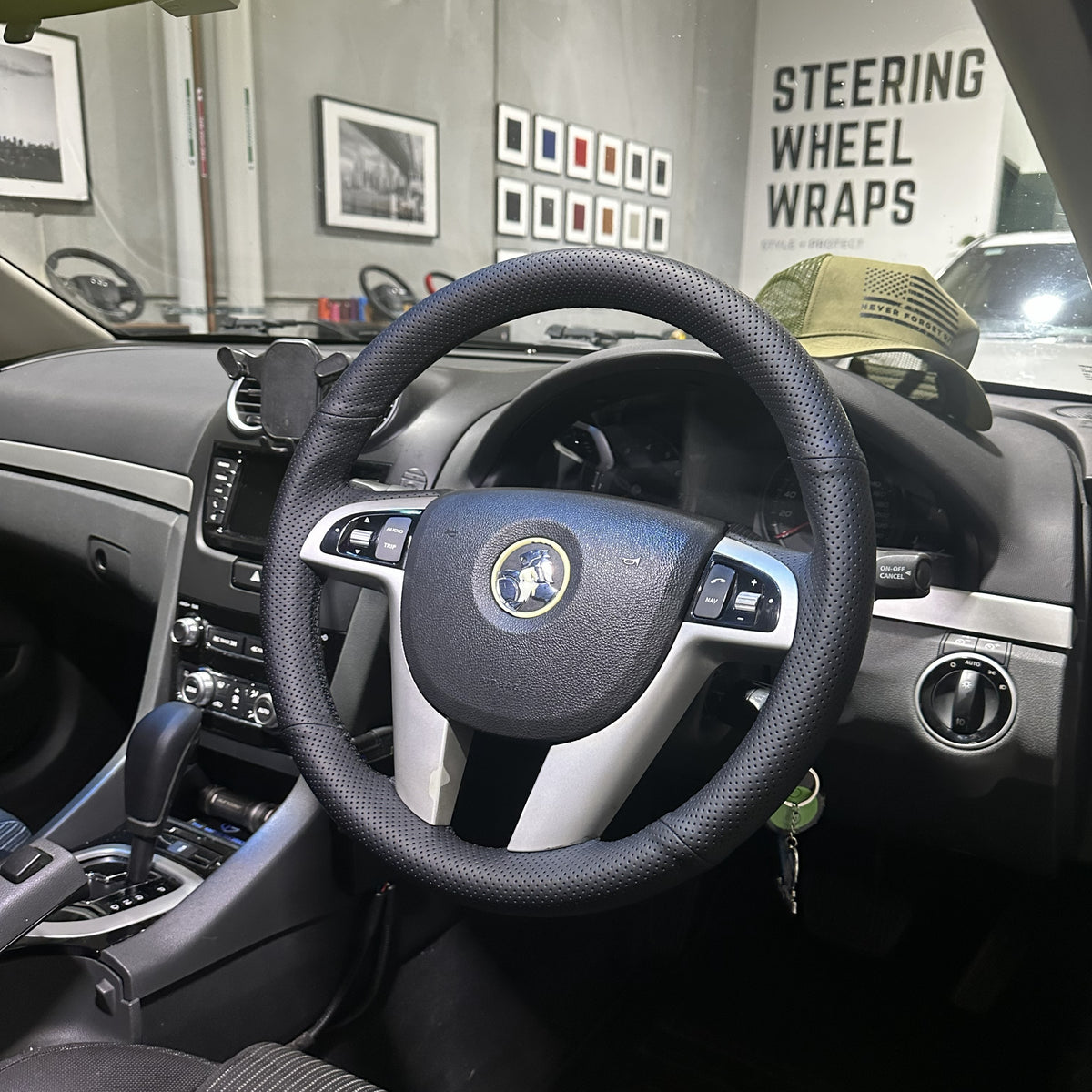 Holden Commodore VE (2006–2013) Steering Wheel Wrap – Black Perforated Leather, Black stitch