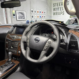 Nissan Patrol Y62 Steering Wheel Wrap – Black Leather (smooth top, perforated sides), Black stitch