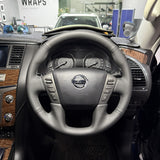 Nissan Patrol Y62 Steering Wheel Wrap – Black Leather (smooth top, perforated sides), Black stitch