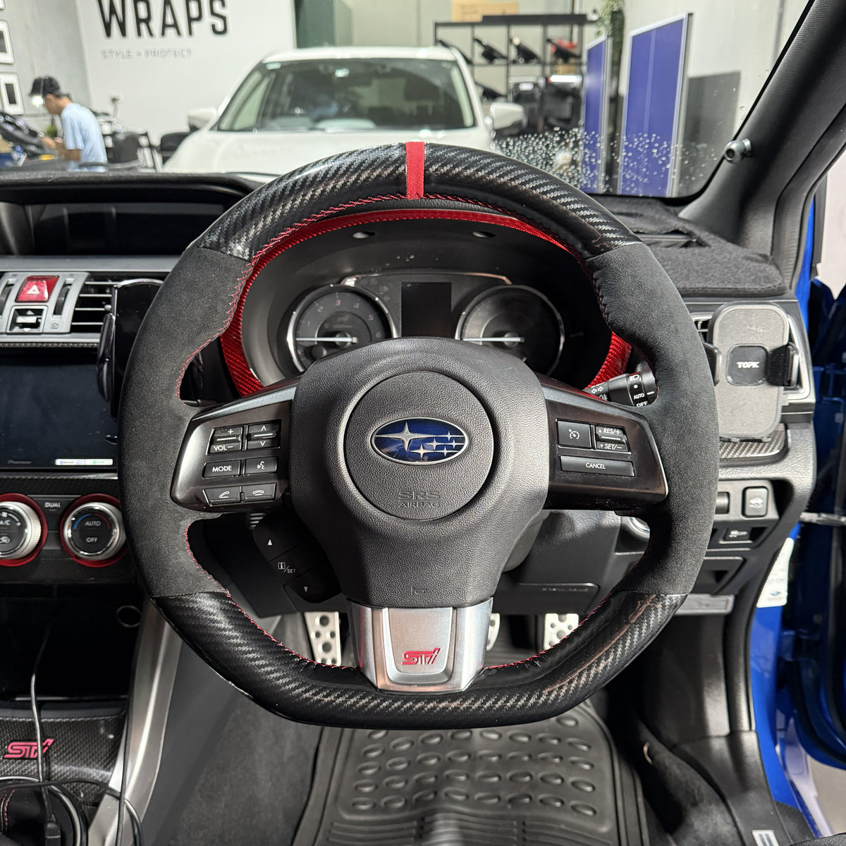 Subaru WRX / STI VA (2015–2021) Steering Wheel Wrap – Gloss Carbon top / Black Alcantara sides, Red stitch, Red Alcantara marker