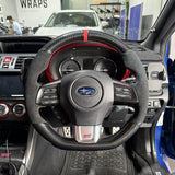 Subaru WRX / STI VA (2015–2021) Steering Wheel Wrap – Gloss Carbon top / Black Alcantara sides, Red stitch, Red Alcantara marker