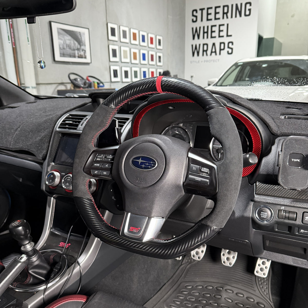 Subaru WRX / STI VA (2015–2021) Steering Wheel Wrap – Gloss Carbon top / Black Alcantara sides, Red stitch, Red Alcantara marker