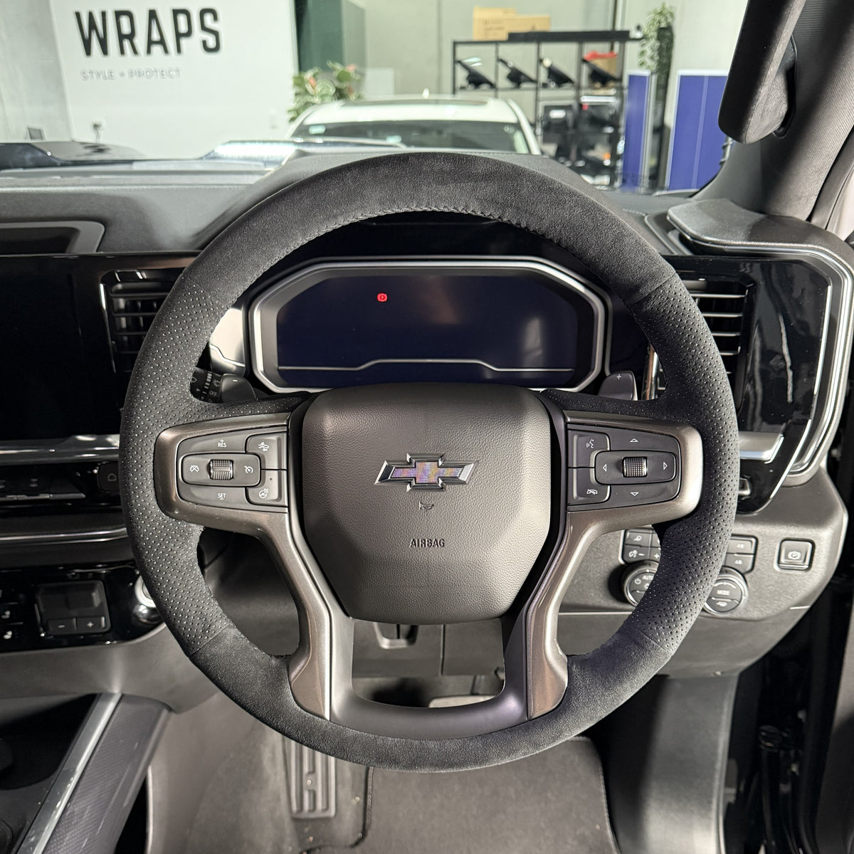 RAM / Silverado Steering Wheel Wrap – Black Alcantara, Perforated Sides, Black Stitch