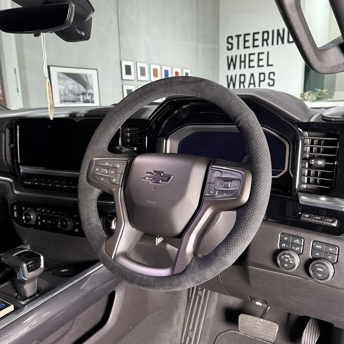 RAM / Silverado Steering Wheel Wrap – Black Alcantara, Perforated Sides, Black Stitch