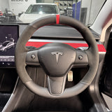 Tesla Model 3 / Y (2017–2024) Steering Wheel Wrap – Black Leather, Black Alcantara sides, Red stitch, Red Alcantara marker