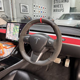 Tesla Model 3 / Y (2017–2024) Steering Wheel Wrap – Black Leather, Black Alcantara sides, Red stitch, Red Alcantara marker