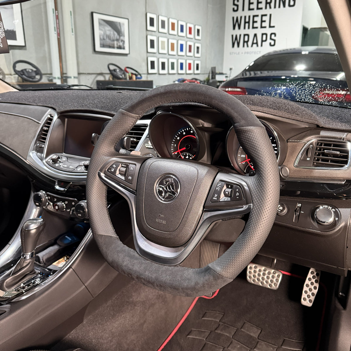 Holden Commodore VF Steering Wheel Wrap – Black Alcantara top / Black Perforated Leather sides, Black stitch