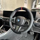 BMW G-Series (2019-2024) Steering Wheel Wrap – Gloss Black Carbon top / Black Perforated Leather sides, Red stitch, Red Alcantara® marker