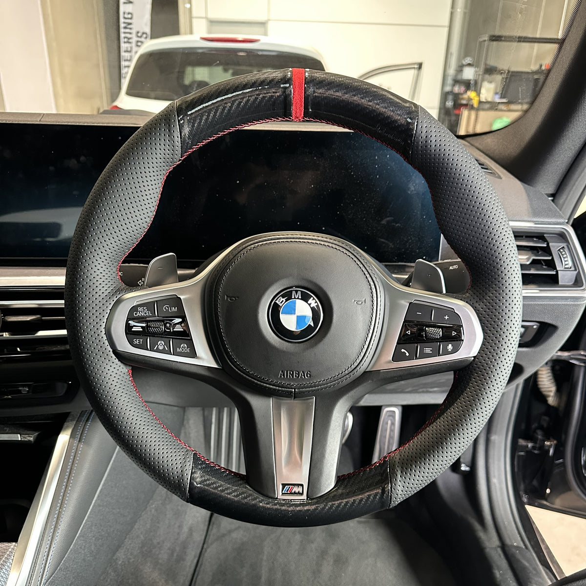 BMW G-Series (2019-2024) Steering Wheel Wrap – Gloss Black Carbon top / Black Perforated Leather sides, Red stitch, Red Alcantara® marker