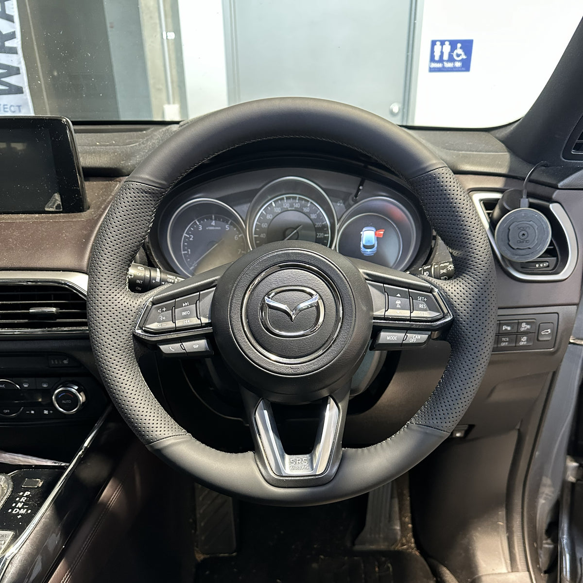 Mazda 3 / CX- (2016-2024) Steering Wheel Wrap – Black Leather (smooth top, perforated sides), Grey stitch