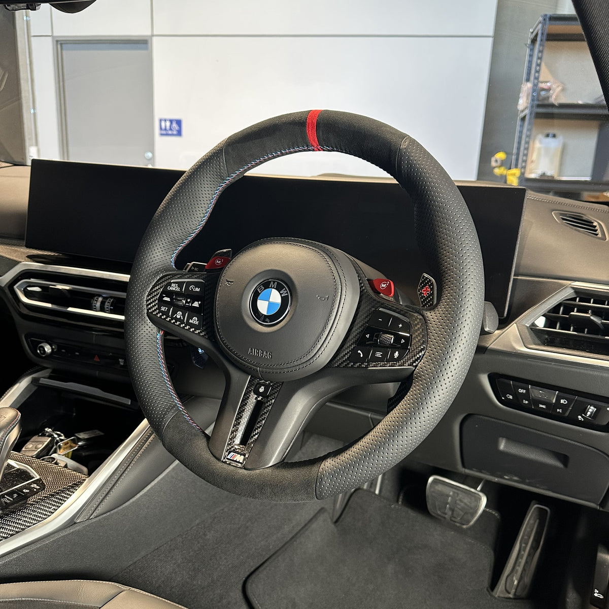 BMW G-Series (2019-2024) Steering Wheel Wrap – Black Alcantara top / Black Perforated Leather sides, BMW M stitch, Red Alcantara® marker