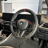 BMW G-Series (2019-2024) Steering Wheel Wrap – Black Alcantara top / Black Perforated Leather sides, BMW M stitch, Red Alcantara® marker