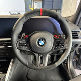 BMW G-Series (2019-2024) Steering Wheel Wrap – Black Alcantara top / Black Perforated Leather sides, BMW M stitch, Red Alcantara® marker