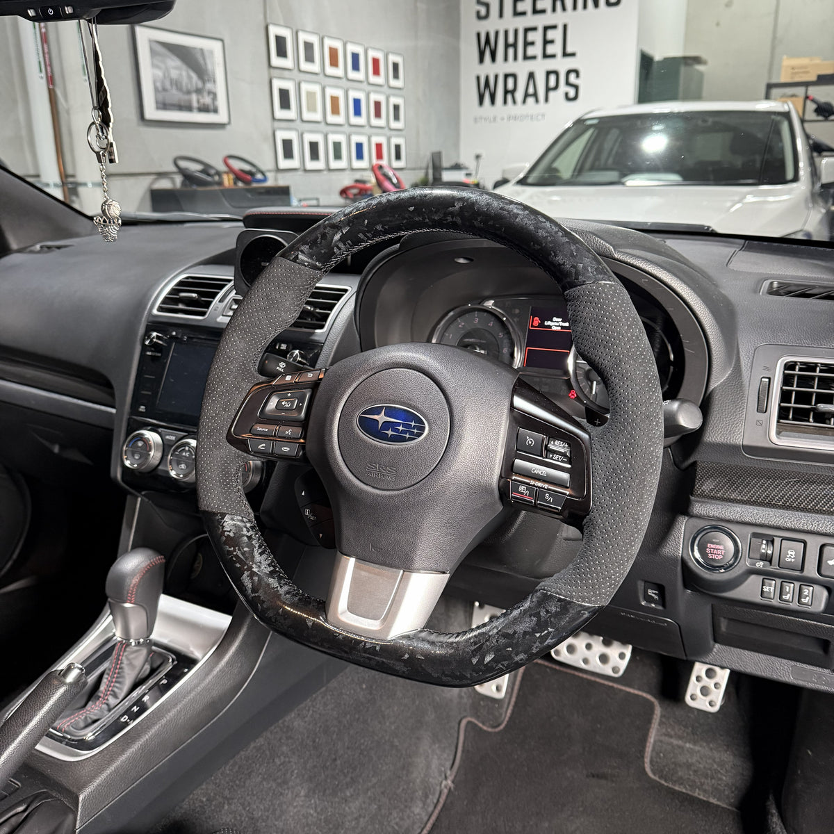 Subaru WRX / STI VA (2015–2021) Steering Wheel Wrap – Forged Carbon top / Black Alcantara Perforated sides, Black stitch