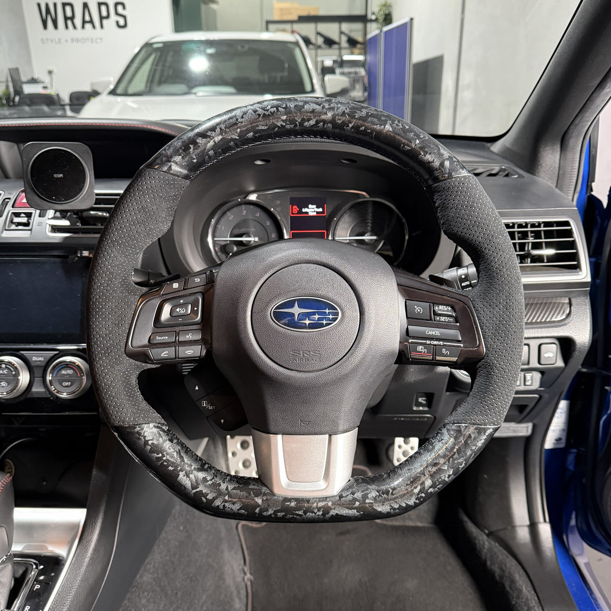 Subaru WRX / STI VA (2015–2021) Steering Wheel Wrap – Forged Carbon top / Black Alcantara Perforated sides, Black stitch