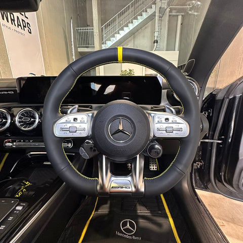 Mercedes-AMGs (2015–2021) Steering Wheel Wrap – Black Leather (smooth top, smooth sides), Yellow stitch, Yellow Leather marker