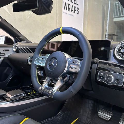 Mercedes-AMGs (2015–2021) Steering Wheel Wrap – Black Leather (smooth top, smooth sides), Yellow stitch, Yellow Leather marker