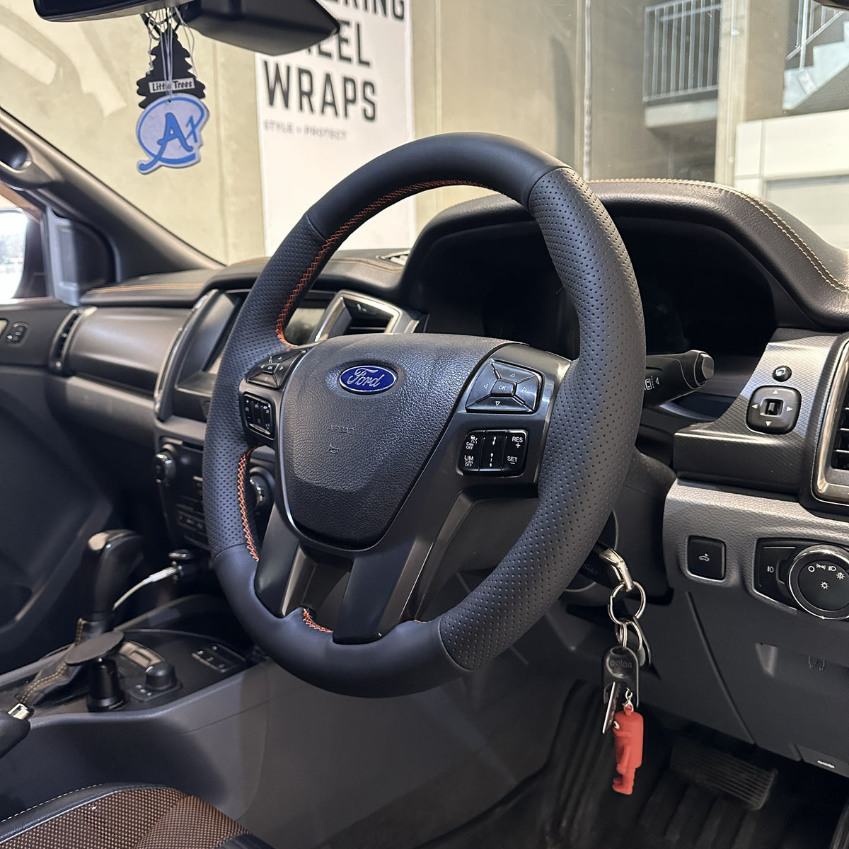 Ford Ranger PX2/PX3 / Everest (2015–2022) Steering Wheel Wrap – Black Leather (smooth top, perforated sides), Orange stitch
