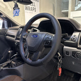 Ford Ranger PX2/PX3 / Everest (2015–2022) Steering Wheel Wrap – Black Leather (smooth top, perforated sides), Orange stitch