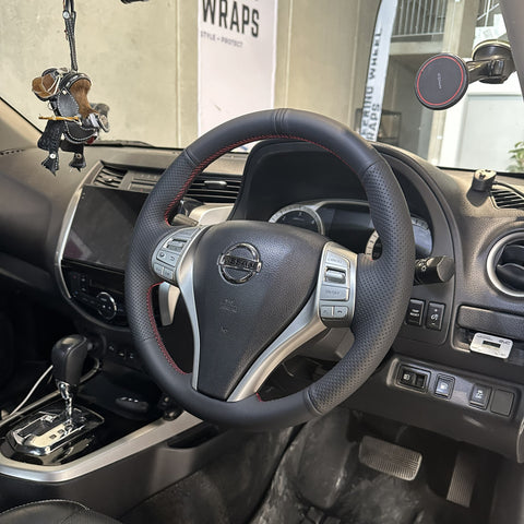 Nissan Navara NP300 (2015-2020) Steering Wheel Wrap – Black Leather (smooth top, perforated sides), Red stitch, Black Leather Marker