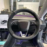 Tesla Model 3 / Y (2025+) Steering Wheel Wrap – Black Leather Top, Black Alcantara Sides, Grey Stitch