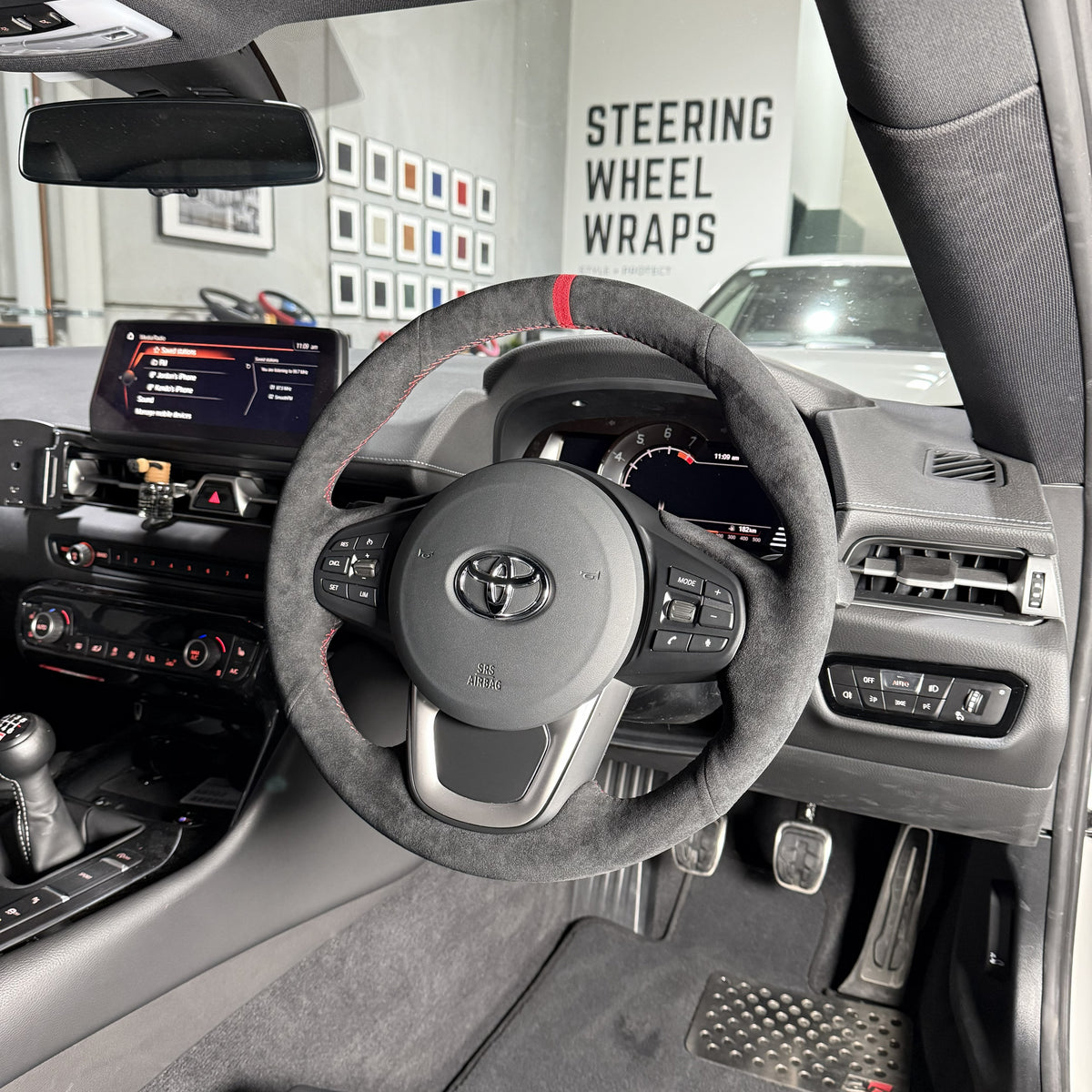 Toyota Supra A90 (2019+) Steering Wheel Wrap – Black Alcantara, Red stitch, Red Alcantara marker