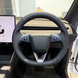 Tesla Model 3 / Y (2025+) Steering Wheel Wrap – Black Leather (smooth top, perforated sides), Black stitch