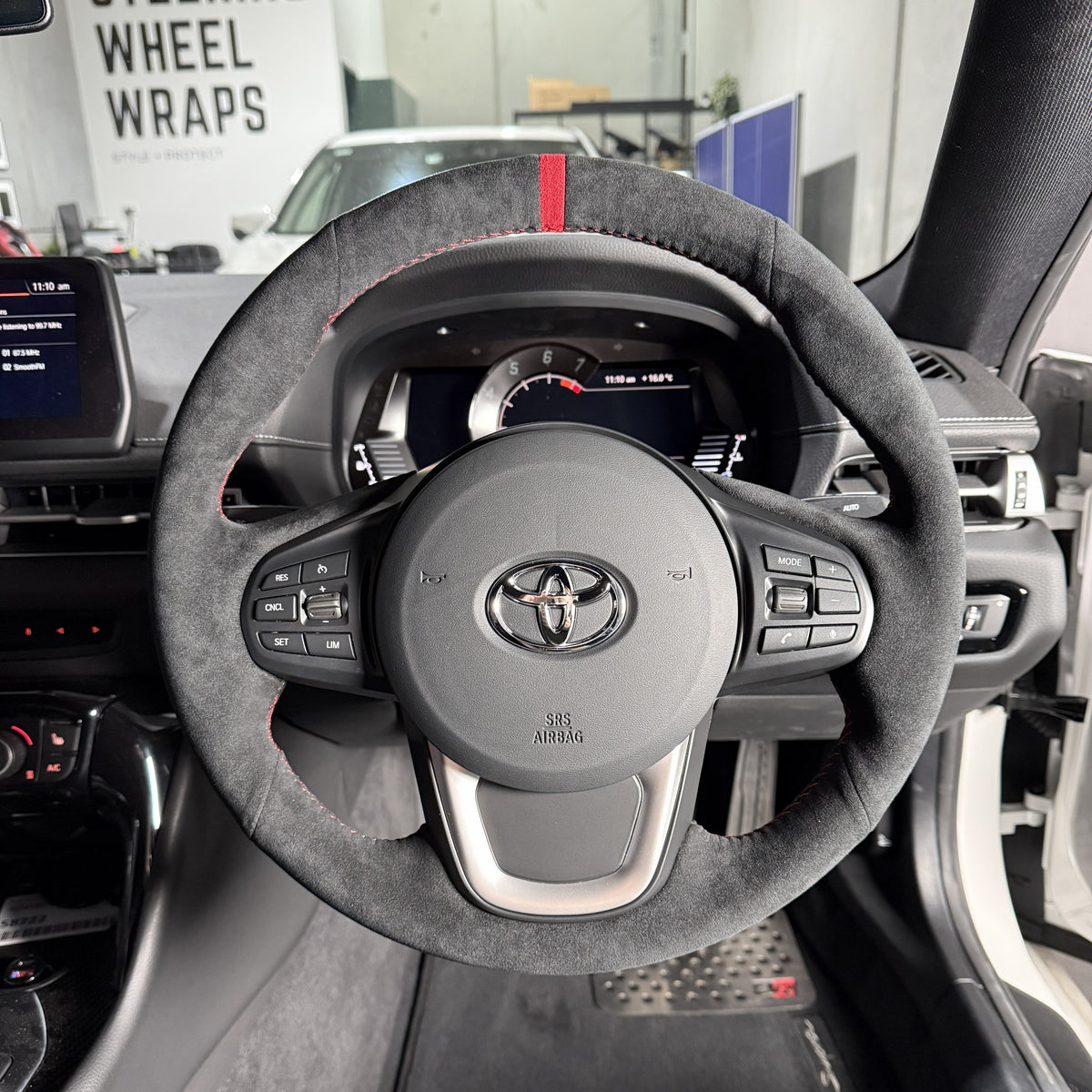 Toyota Supra A90 (2019+) Steering Wheel Wrap – Black Alcantara, Red stitch, Red Alcantara marker