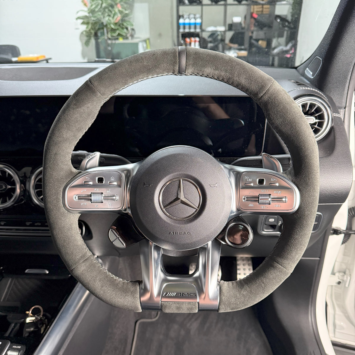 Mercedes-AMGs (2015–2021) Steering Wheel Wrap – Dark Grey Alcantara, Grey stitch, Black leather marker