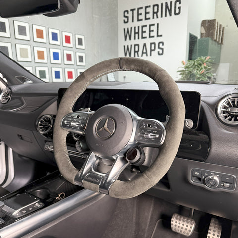 Mercedes-AMGs (2015–2021) Steering Wheel Wrap – Dark Grey Alcantara, Grey stitch, Black leather marker