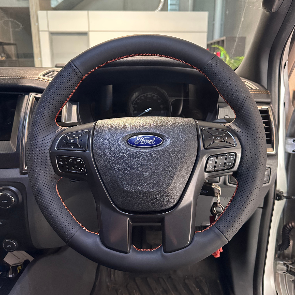 Ford Ranger PX2/PX3 / Everest (2015–2022) Steering Wheel Wrap – Black Leather (smooth top, perforated sides), Orange stitch