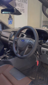 Ford Ranger PX2/PX3 / Everest (2015–2022) Steering Wheel Wrap – Black Leather (smooth top, perforated sides), Orange stitch