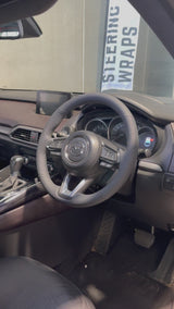 Mazda 3 / CX- (2016-2024) Steering Wheel Wrap – Black Leather (smooth top, perforated sides), Grey stitch