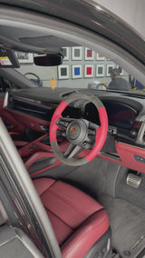Porsche Cayenne / Macan Steering Wheel Wrap – Dark Grey Alcantara, Wine red leather sides, Wine red stitch, Dark grey Alcantara marker